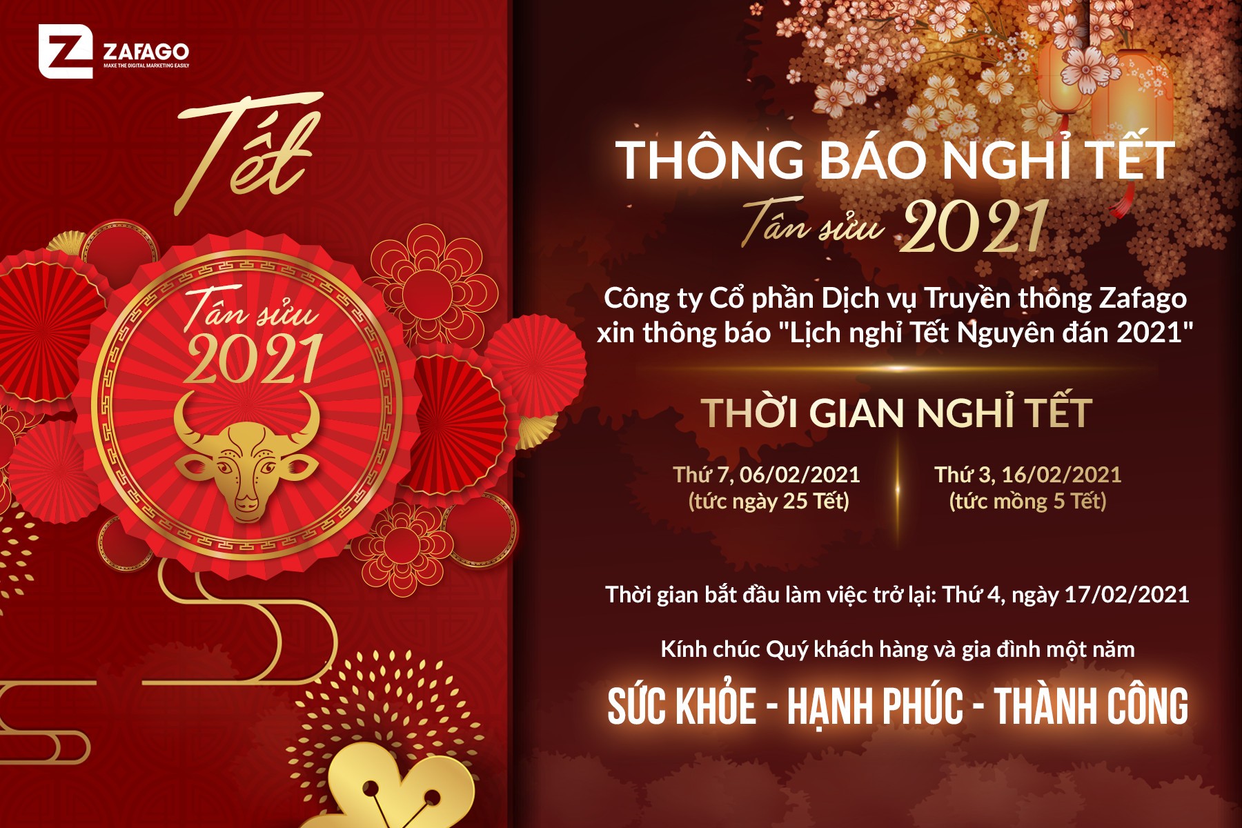 Zafago thông báo nghỉ tết 2021